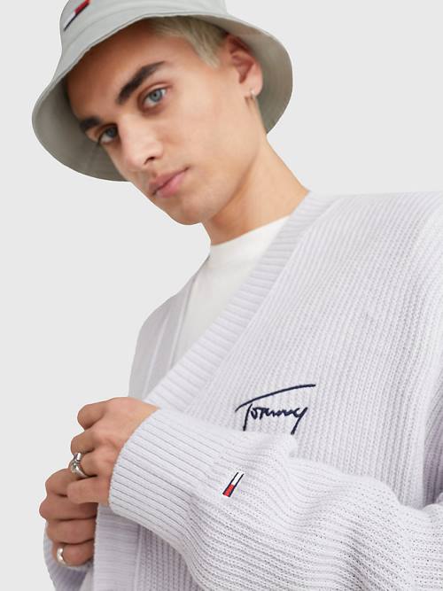 Tommy Hilfiger Signature Embroidery V-Neck Knitted Cardigan Moški Puloverji Siva | TH957ZAK