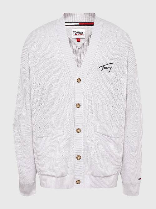 Tommy Hilfiger Signature Embroidery V-Neck Knitted Cardigan Moški Puloverji Siva | TH957ZAK