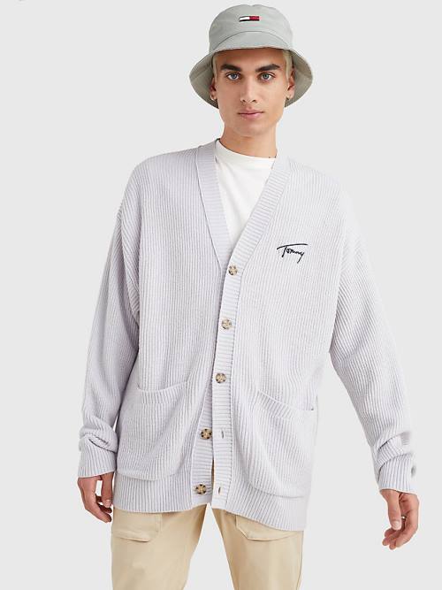 Tommy Hilfiger Signature Embroidery V-Neck Knitted Cardigan Moški Puloverji Siva | TH957ZAK