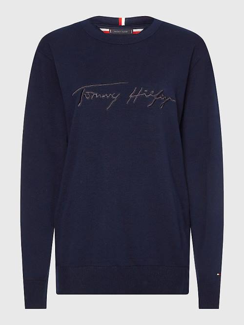 Tommy Hilfiger Signature Logo Embroidery Jumper Moški Puloverji Modra | TH241KRE