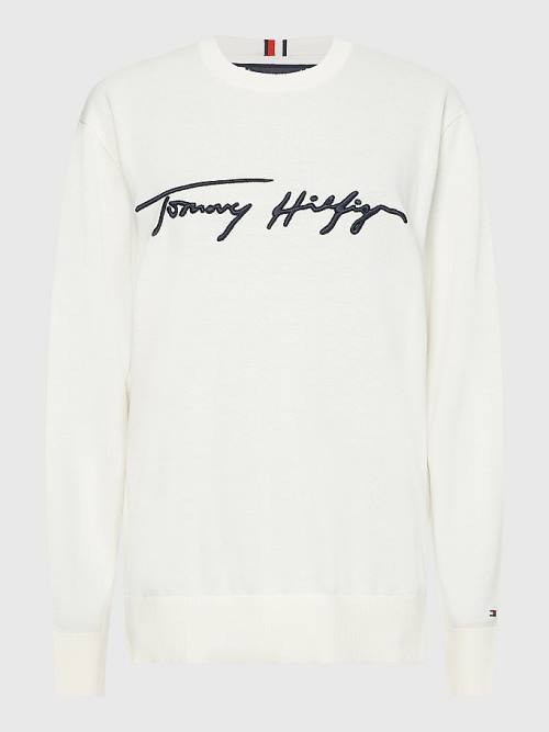 Tommy Hilfiger Signature Logo Embroidery Jumper Moški Puloverji Bela | TH423PZF