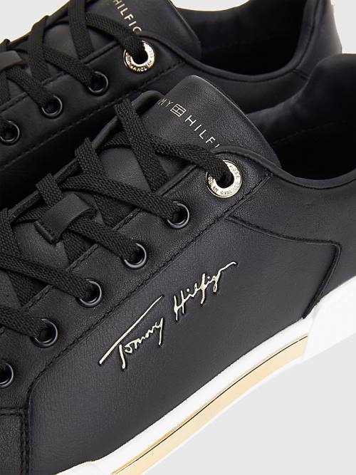 Tommy Hilfiger Signature Logo Leather Cupsole Ženske Superge Črna | TH320DYU