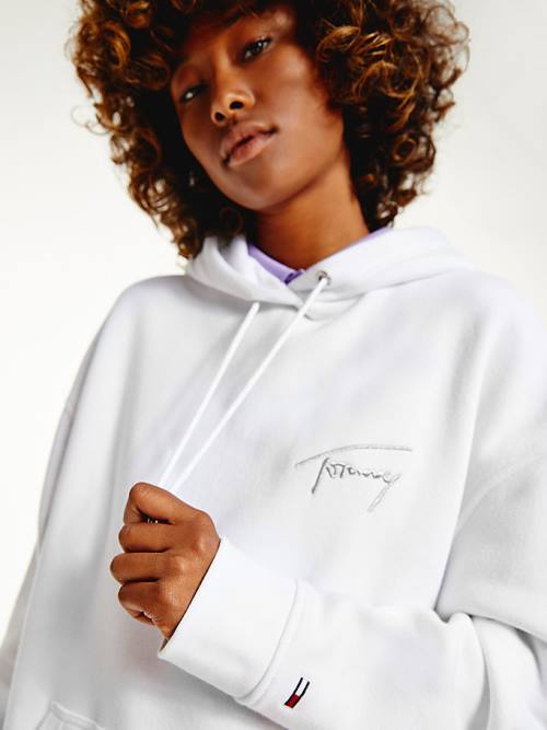 Tommy Hilfiger Signature Logo Oversized Ženske Pulover s kapuco Bela | TH497PRZ