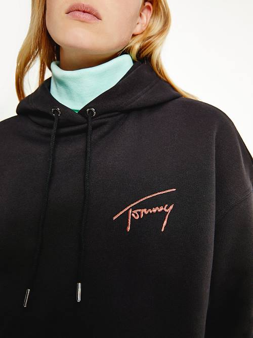 Tommy Hilfiger Signature Logo Oversized Ženske Pulover s kapuco Črna | TH863MDO