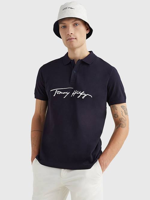 Tommy Hilfiger Signature Logo Regular Fit Moški Polo Majica Modra | TH710MLJ