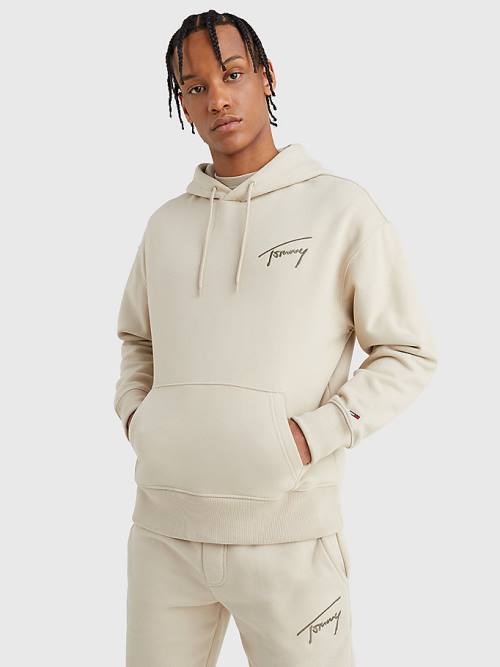 Tommy Hilfiger Signature Logo Relaxed Fit Moški Pulover s kapuco Bež | TH156ZEN