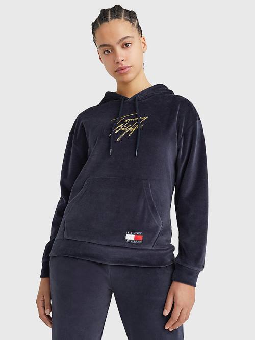 Tommy Hilfiger Signature Logo Velour Ženske Pulover s kapuco Modra | TH503VXW