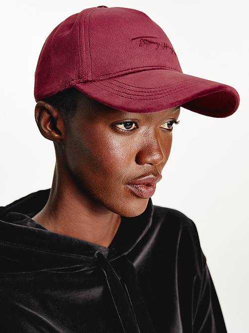 Tommy Hilfiger Signature Logo Velvet Cap Ženske Kapa Rdeča | TH852SCT