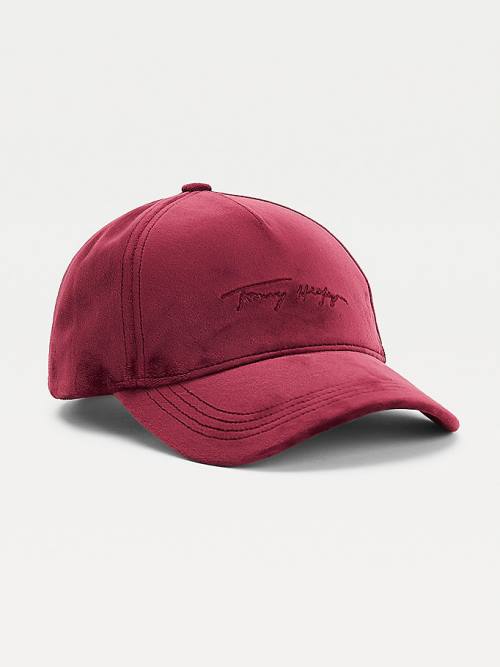 Tommy Hilfiger Signature Logo Velvet Cap Ženske Kapa Rdeča | TH852SCT