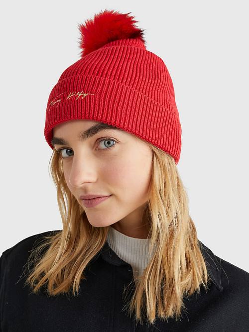 Tommy Hilfiger Signature Pom Pom Beanie Ženske Kapa Rdeča | TH265NHK