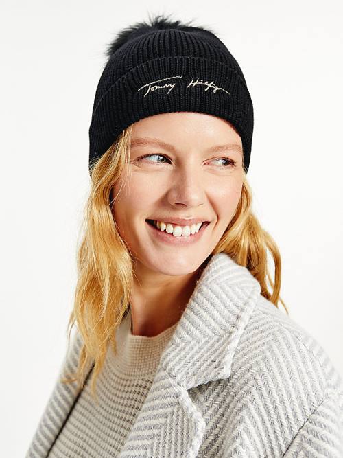 Tommy Hilfiger Signature Pom Pom Beanie Ženske Kapa Črna | TH802ACO