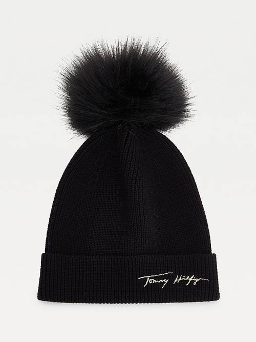 Tommy Hilfiger Signature Pom Pom Beanie Ženske Kapa Črna | TH802ACO