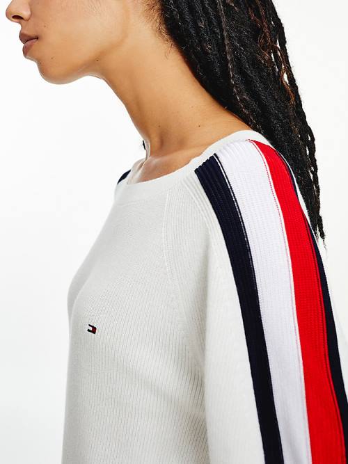 Tommy Hilfiger Signature Sleeve Round Neck Jumper Ženske Puloverji Bela | TH193XVR