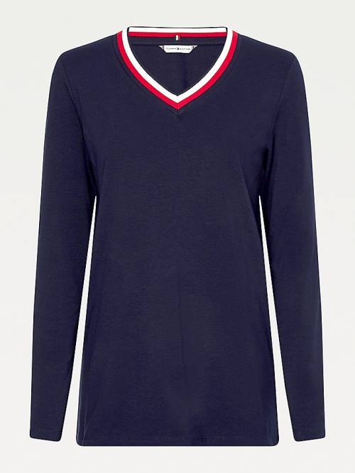 Tommy Hilfiger Signature Tape V-Neck Long Sleeve Ženske Majice Modra | TH427XTC