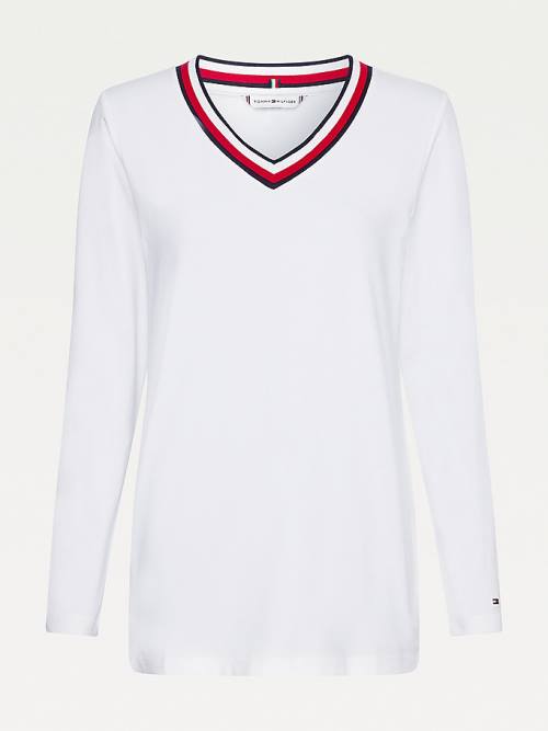 Tommy Hilfiger Signature Tape V-Neck Long Sleeve Ženske Majice Bela | TH587VFM