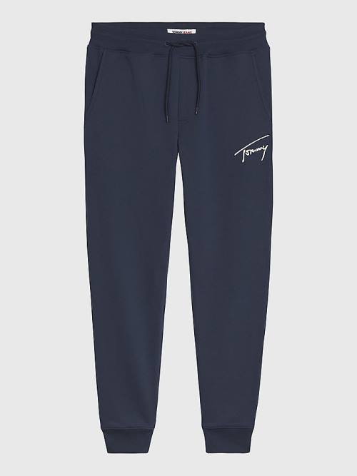 Tommy Hilfiger Slim Fleece Signature Joggers Moški Hlače Modra | TH647SKF