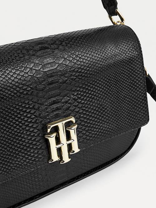 Tommy Hilfiger Snake Print Monogram Lock Satchel Ženske Torbice Črna | TH185DCL