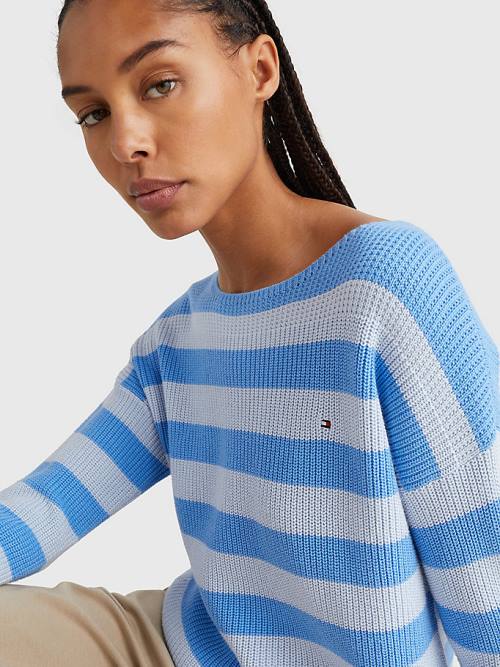 Tommy Hilfiger Stripe Boat Neck Relaxed Fit Jumper Ženske Puloverji Modra | TH165IBS