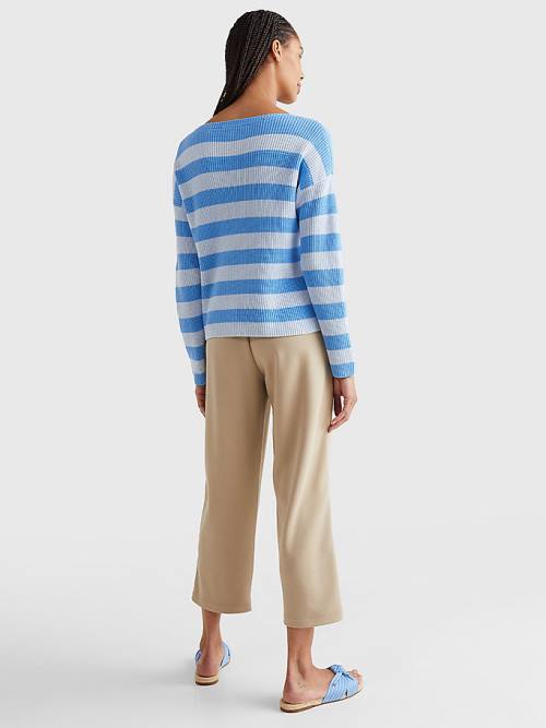 Tommy Hilfiger Stripe Boat Neck Relaxed Fit Jumper Ženske Puloverji Modra | TH165IBS