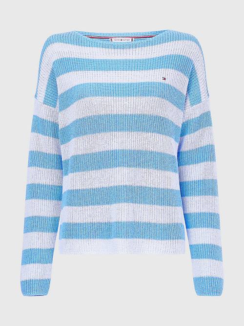 Tommy Hilfiger Stripe Boat Neck Relaxed Fit Jumper Ženske Puloverji Modra | TH165IBS