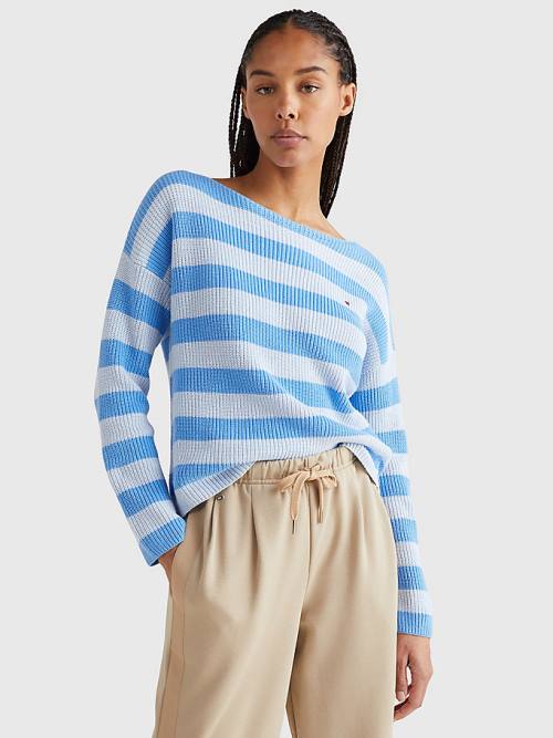 Tommy Hilfiger Stripe Boat Neck Relaxed Fit Jumper Ženske Puloverji Modra | TH165IBS