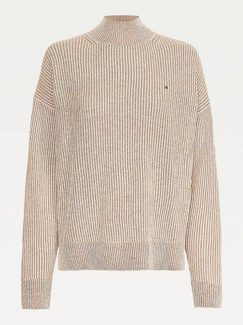 Tommy Hilfiger Stripe Mock Turtleneck Wool Jumper Ženske Puloverji Bež | TH964XHL