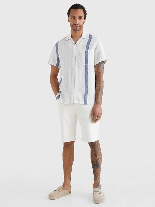 Tommy Hilfiger Stripe Short Sleeve Linen Moški Srajce Bež | TH807QIS