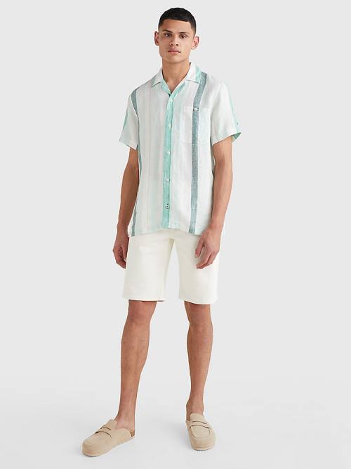 Tommy Hilfiger Stripe Short Sleeve Linen Moški Srajce Zelena | TH924HVK