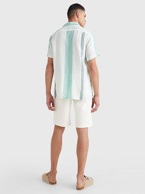 Tommy Hilfiger Stripe Short Sleeve Linen Moški Srajce Zelena | TH924HVK