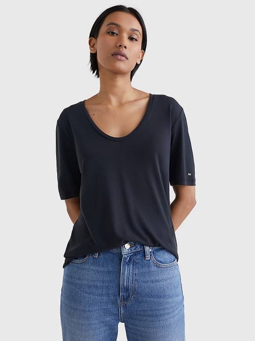 Tommy Hilfiger Sueded Scoop Neck Relaxed Ženske Majice Črna | TH419XLS