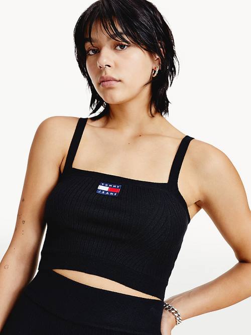 Tommy Hilfiger Super Cropped Badge Ribbed Cami Ženske Puloverji Črna | TH936XMW