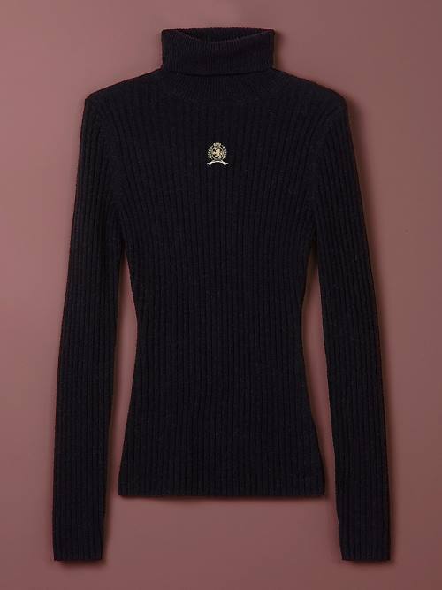 Tommy Hilfiger TH Collection Crest Mock Turtleneck Slim Jumper Ženske Puloverji Črna | TH801ZPD