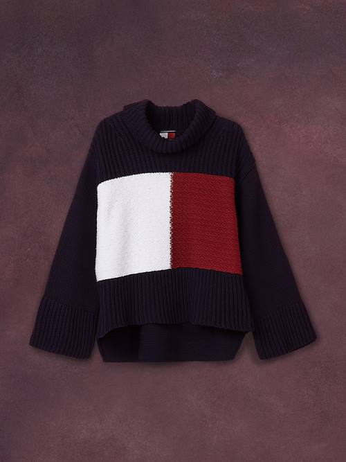 Tommy Hilfiger TH Collection Flag Icon Ribbed Jumper Ženske Puloverji Modra | TH738PRD