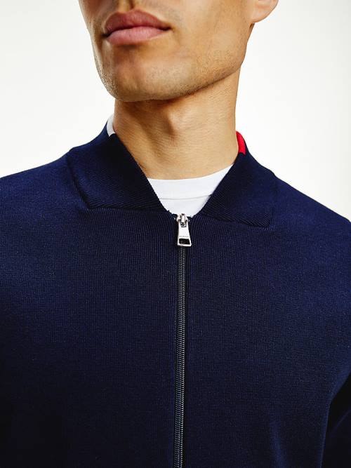 Tommy Hilfiger TH Flex Baseball Collar Zip-Thru Cardigan Moški Puloverji Modra | TH567XZS