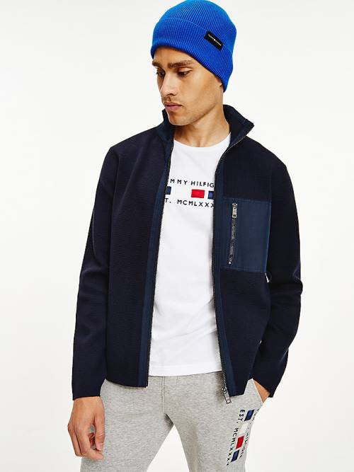 Tommy Hilfiger TH Flex Contrast Panels Zip-Thru Cardigan Moški Puloverji Modra | TH287ZLV