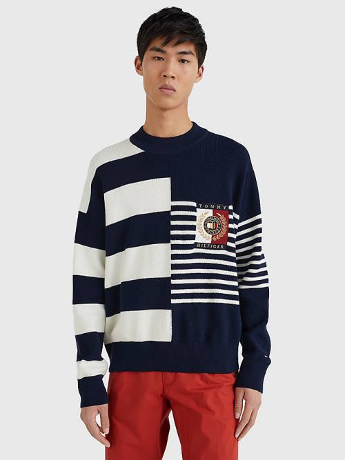 Tommy Hilfiger TH Flex Crest Stripe Jumper Moški Puloverji Modra | TH187SCR