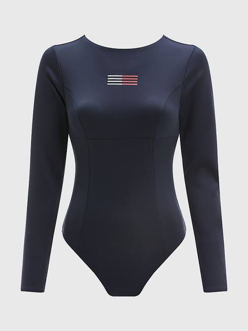 Tommy Hilfiger TH Flex Long Sleeve One-Piecesuit Ženske Kopalke Modra | TH021SYG