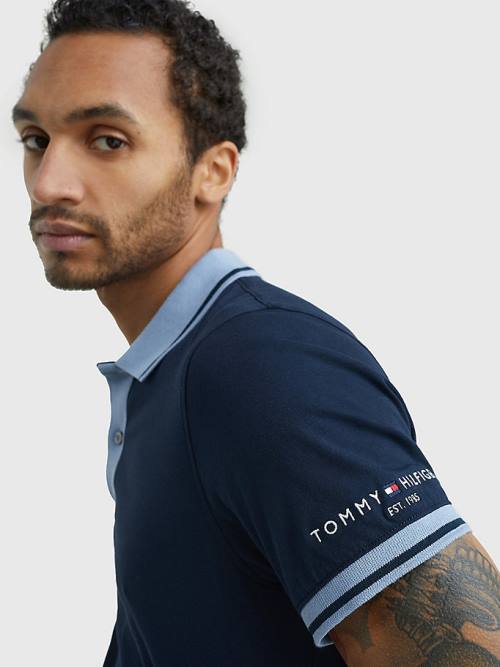 Tommy Hilfiger Tipped Slim Fit Jersey Moški Polo Majica Modra | TH301EDV