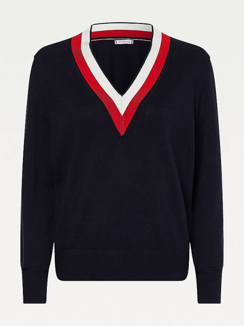 Tommy Hilfiger Tipped V-Neck Jumper Ženske Puloverji Modra | TH168EIB