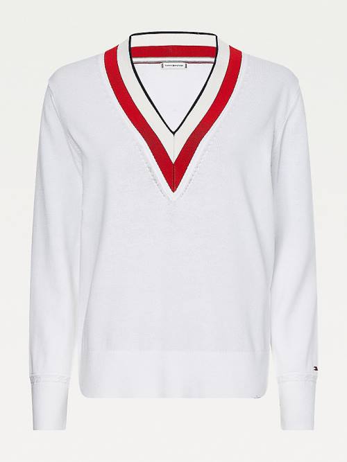 Tommy Hilfiger Tipped V-Neck Jumper Ženske Puloverji Bela | TH986FBZ