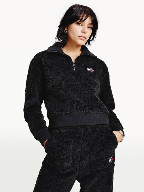 Tommy Hilfiger Tommy Badge Boxy Plush Fleece Sweatshirt Ženske Pulover s kapuco Črna | TH037BSY