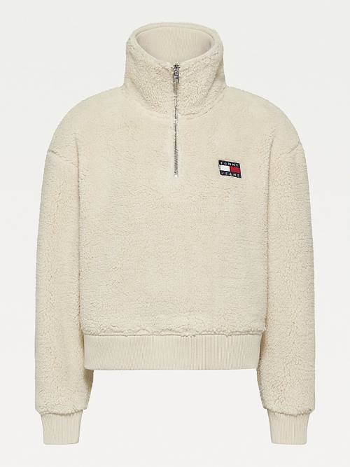 Tommy Hilfiger Tommy Badge Boxy Plush Fleece Sweatshirt Ženske Pulover s kapuco Bež | TH271YAD