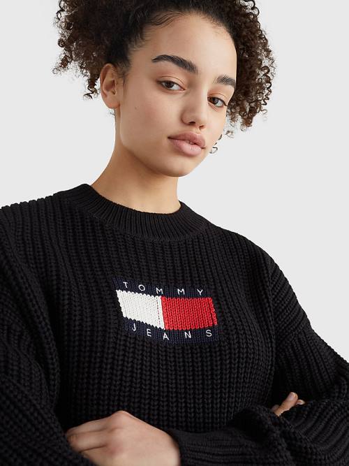 Tommy Hilfiger Tommy Badge Chunky Knit Jumper Ženske Puloverji Črna | TH709AGP