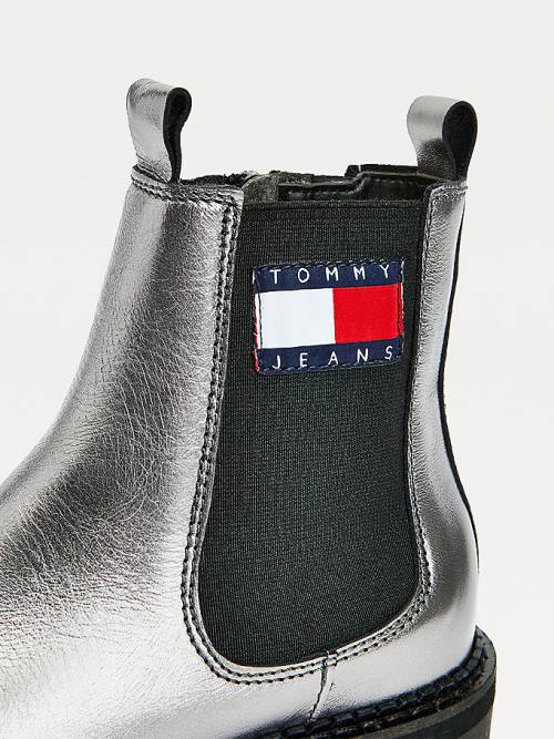 Tommy Hilfiger Tommy Badge Metallic Leather Cleat Ženske Škornji Siva | TH920FYK