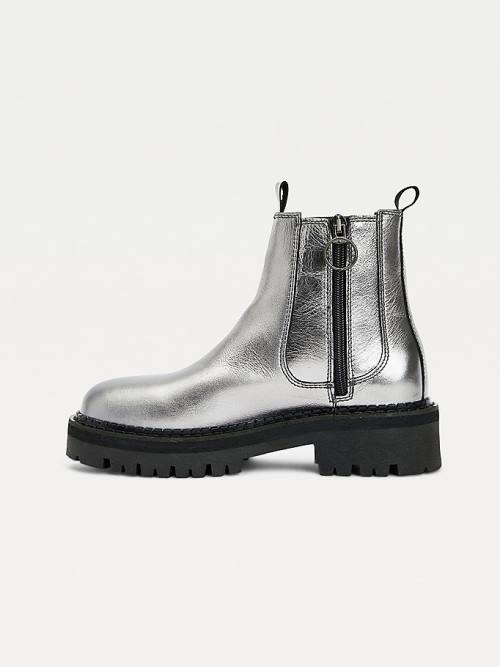 Tommy Hilfiger Tommy Badge Metallic Leather Cleat Ženske Škornji Siva | TH920FYK