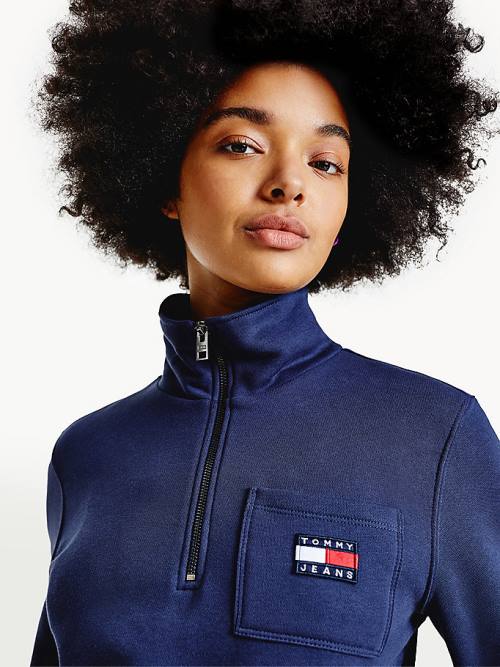 Tommy Hilfiger Tommy Badge Quarter Zip Drawstring Sweatshirt Ženske Pulover s kapuco Modra | TH901DAO