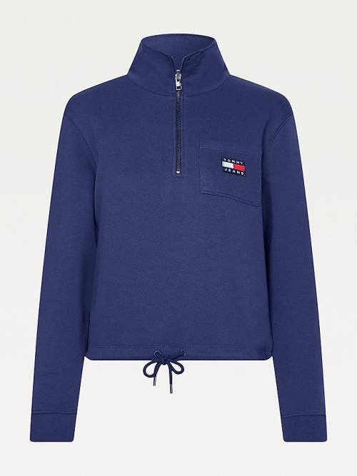 Tommy Hilfiger Tommy Badge Quarter Zip Drawstring Sweatshirt Ženske Pulover s kapuco Modra | TH901DAO