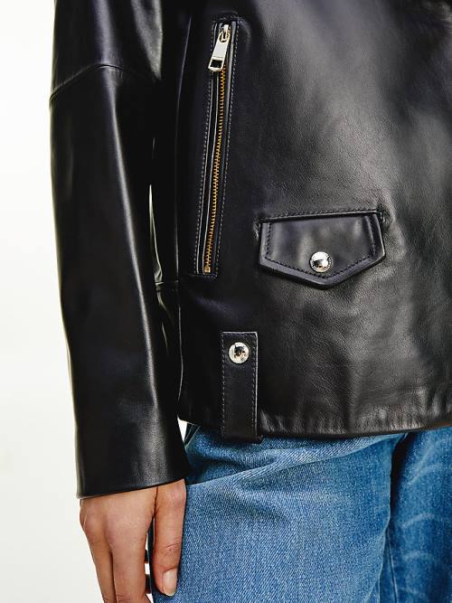 Tommy Hilfiger Tommy Icons Oversized Leather Biker Ženske Jakne Črna | TH403KYR