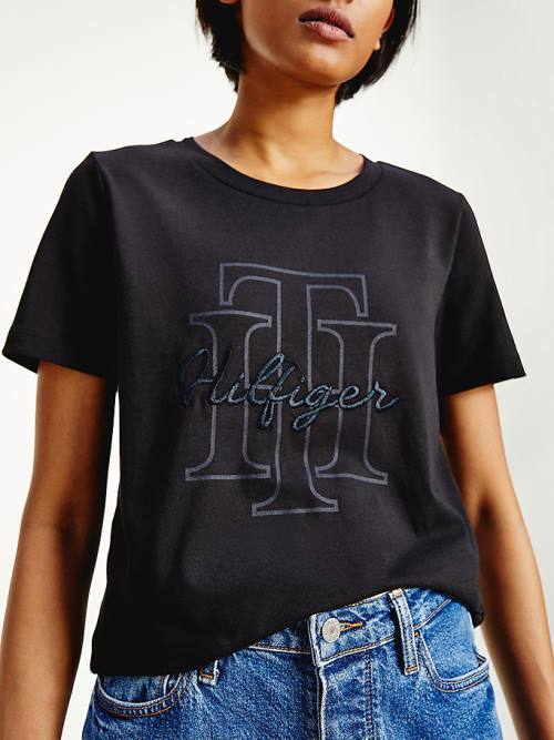 Tommy Hilfiger Tonal Script Logo Organic Cotton Ženske Majice Črna | TH290TOL