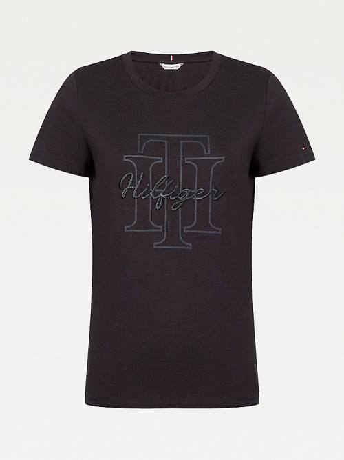 Tommy Hilfiger Tonal Script Logo Organic Cotton Ženske Majice Črna | TH290TOL